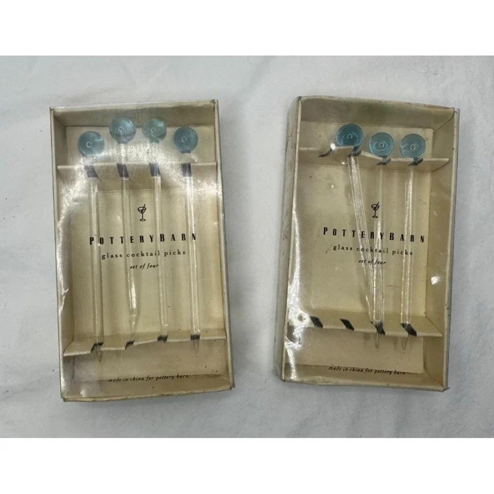 Pottery Barn Glass Cocktail Picks Blue Ball Vintage set of 7